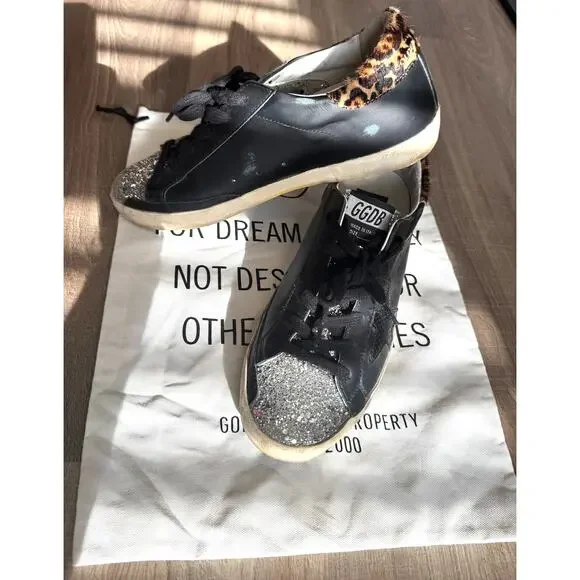 Golden Goose Black Sneakers with Silver Glitter and Leopard Accent - Picture 2 of 6